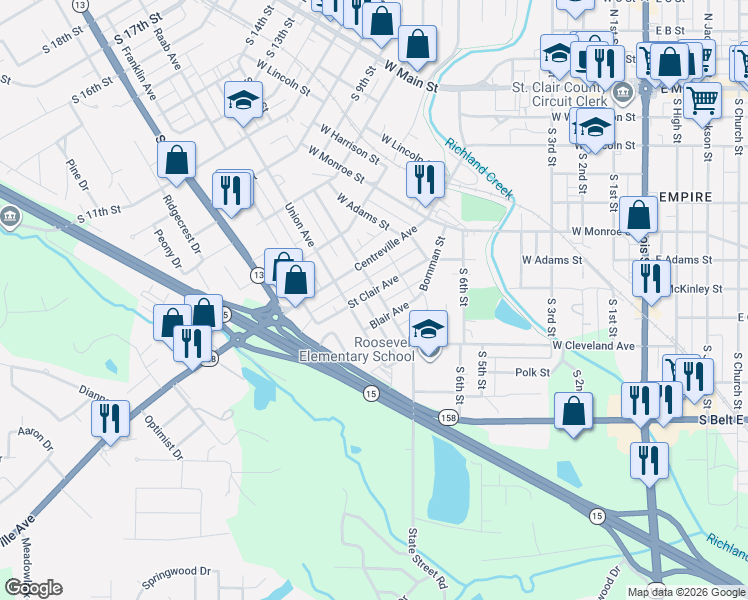 map of restaurants, bars, coffee shops, grocery stores, and more near 720 Saint Clair Avenue in Belleville