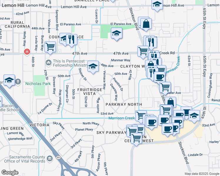 map of restaurants, bars, coffee shops, grocery stores, and more near 6604 Harms Way in Sacramento
