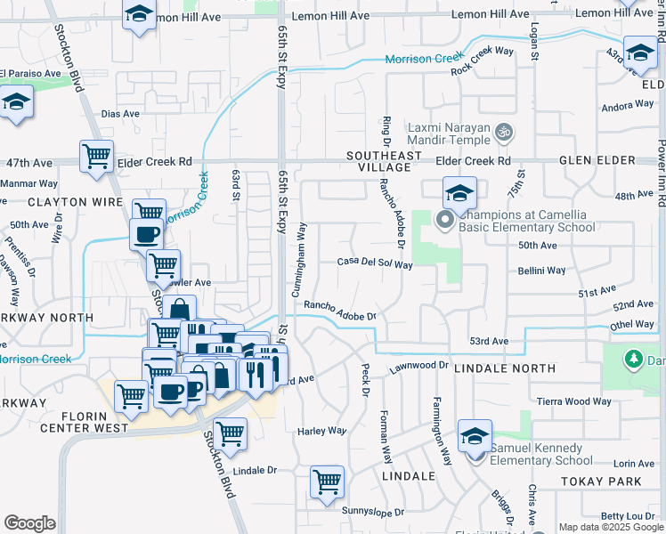 map of restaurants, bars, coffee shops, grocery stores, and more near 2 Rancho Verde Court in Sacramento