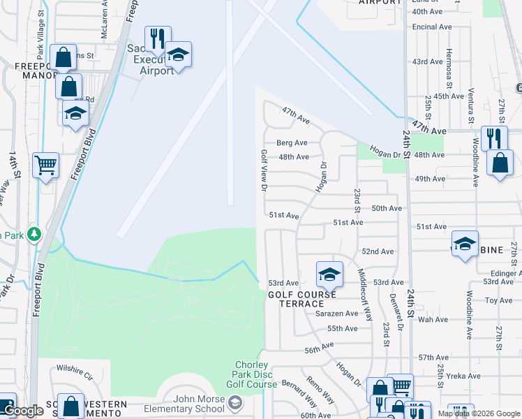 map of restaurants, bars, coffee shops, grocery stores, and more near 6620 Golf View Drive in Sacramento