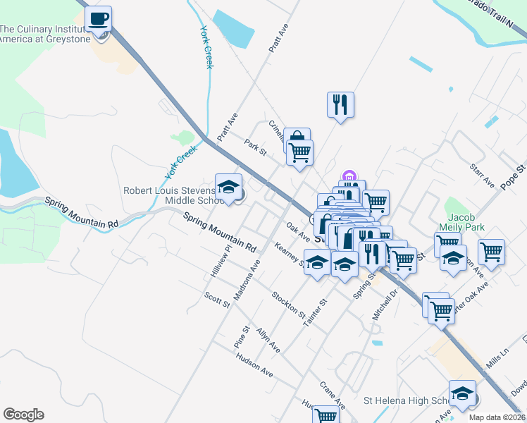 map of restaurants, bars, coffee shops, grocery stores, and more near 1705 Oak Avenue in Saint Helena