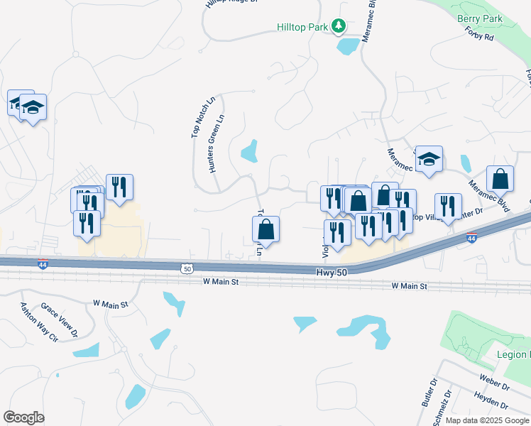 map of restaurants, bars, coffee shops, grocery stores, and more near 626 Top Notch Lane in Eureka