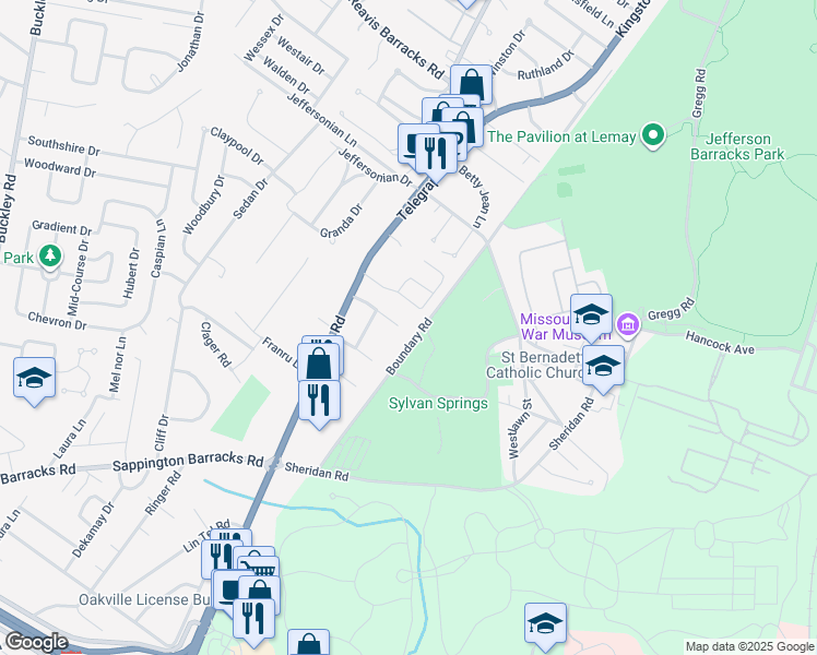 map of restaurants, bars, coffee shops, grocery stores, and more near 101 Willette Terrace in St. Louis