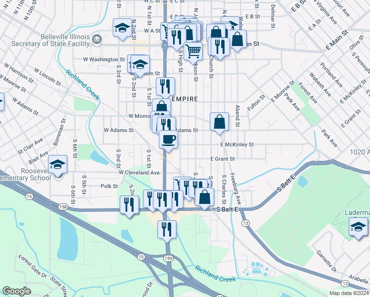 map of restaurants, bars, coffee shops, grocery stores, and more near 709 South Jackson Street in Belleville