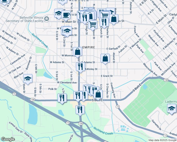 map of restaurants, bars, coffee shops, grocery stores, and more near 709 South Jackson Street in Belleville