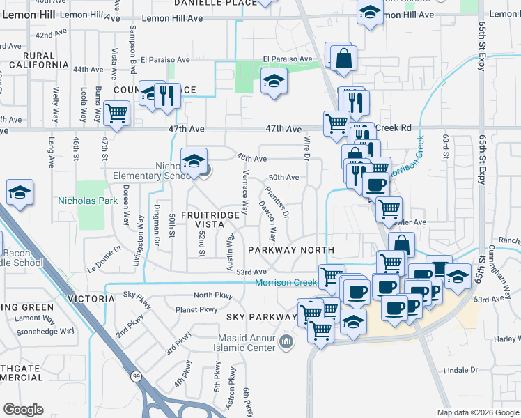 map of restaurants, bars, coffee shops, grocery stores, and more near 6604 Harms Way in Sacramento