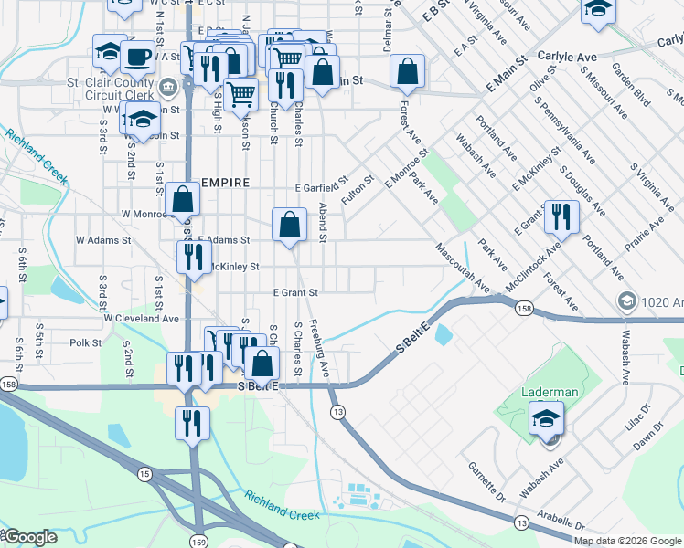 map of restaurants, bars, coffee shops, grocery stores, and more near 708 Abend Street in Belleville