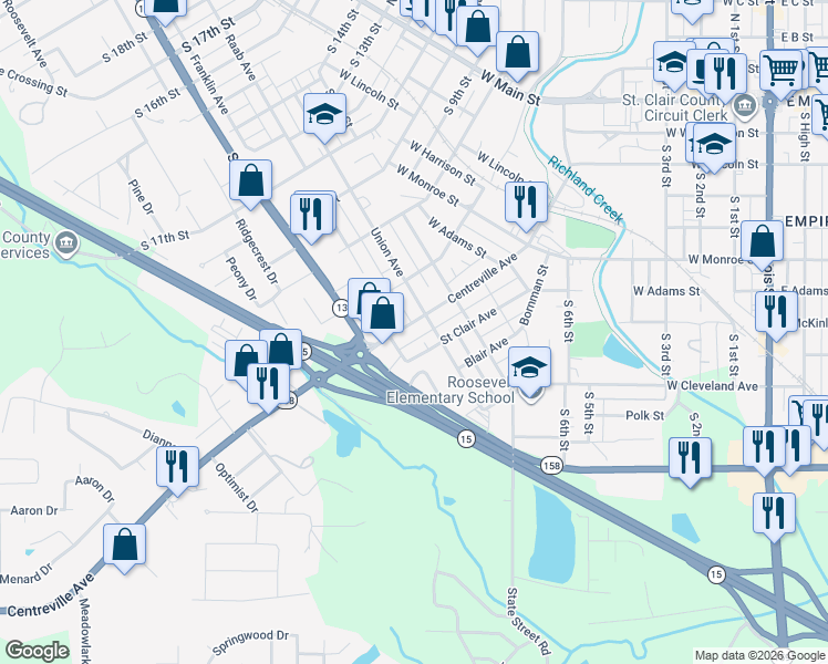 map of restaurants, bars, coffee shops, grocery stores, and more near 918 Centreville Avenue in Belleville