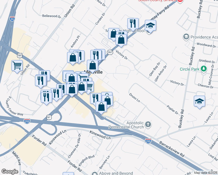 map of restaurants, bars, coffee shops, grocery stores, and more near 3460 Evergreen Lane in St. Louis