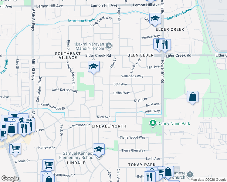 map of restaurants, bars, coffee shops, grocery stores, and more near 7521 Bellini Way in Sacramento