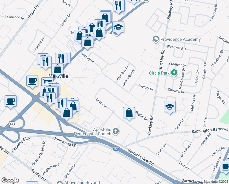 map of restaurants, bars, coffee shops, grocery stores, and more near 1033 Poplar Drive in Saint Louis