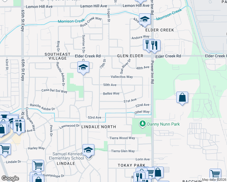 map of restaurants, bars, coffee shops, grocery stores, and more near 7605 Bellini Way in Sacramento
