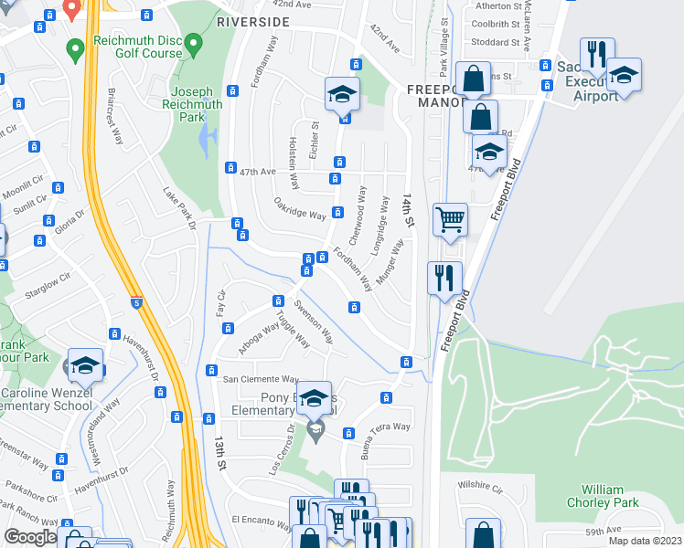 map of restaurants, bars, coffee shops, grocery stores, and more near 6615 South Land Park Drive in Sacramento