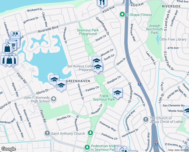 map of restaurants, bars, coffee shops, grocery stores, and more near Gloria Drive in Sacramento