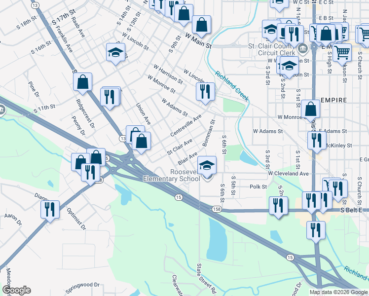 map of restaurants, bars, coffee shops, grocery stores, and more near 720 Saint Clair Avenue in Belleville