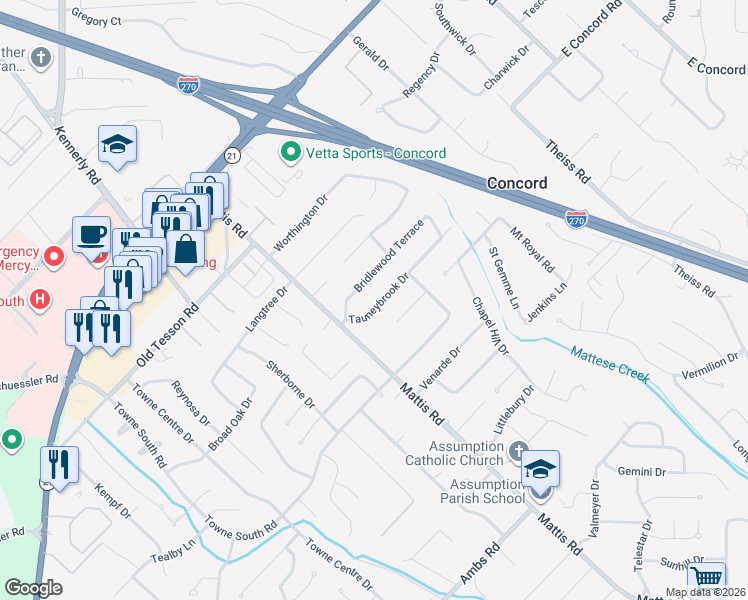map of restaurants, bars, coffee shops, grocery stores, and more near 4677 Tauneybrook Drive in St. Louis