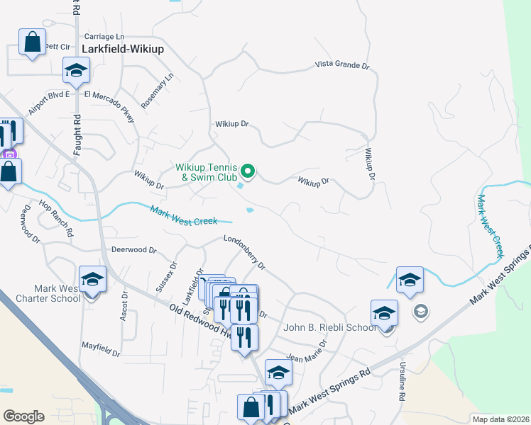 map of restaurants, bars, coffee shops, grocery stores, and more near 5055 Carriage Lane in Santa Rosa