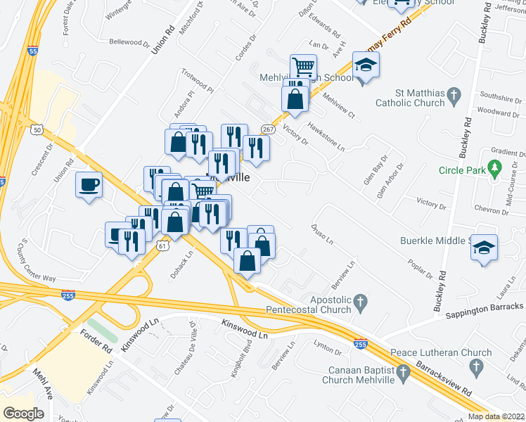map of restaurants, bars, coffee shops, grocery stores, and more near 3464 Evergreen Lane in St. Louis