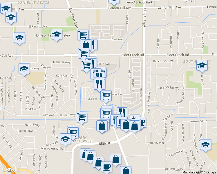 map of restaurants, bars, coffee shops, grocery stores, and more near 6688 Spoerriwood Court in Sacramento