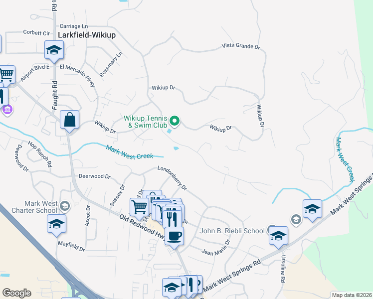 map of restaurants, bars, coffee shops, grocery stores, and more near 5055 Carriage Lane in Santa Rosa