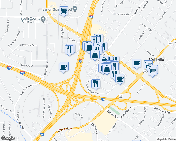 map of restaurants, bars, coffee shops, grocery stores, and more near 6916 Colonial Woods Drive in St. Louis