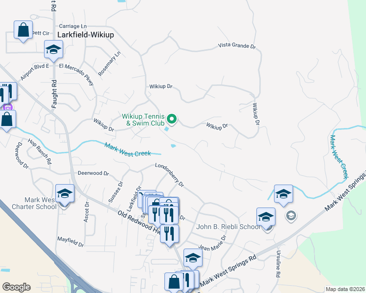 map of restaurants, bars, coffee shops, grocery stores, and more near 5055 Carriage Lane in Santa Rosa