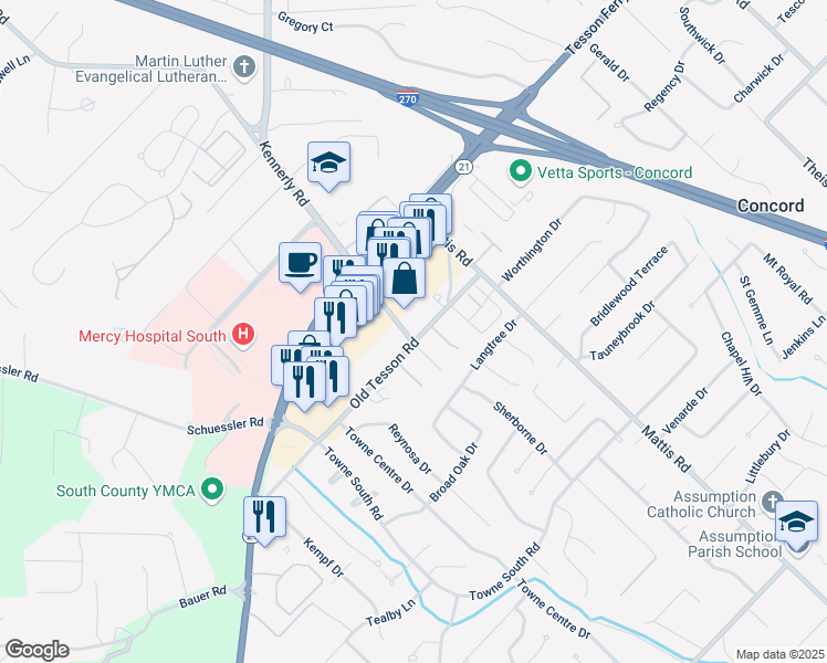 map of restaurants, bars, coffee shops, grocery stores, and more near 12571 Old Tesson Road in St. Louis
