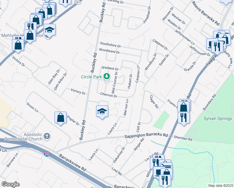 map of restaurants, bars, coffee shops, grocery stores, and more near 730 Chevron Drive in St. Louis
