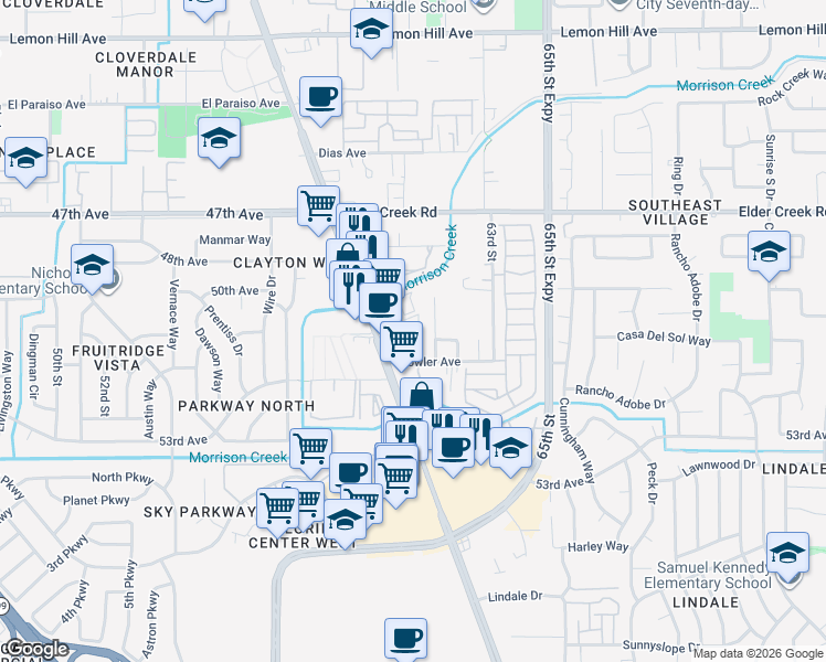 map of restaurants, bars, coffee shops, grocery stores, and more near 6688 Spoerriwood Court in Sacramento