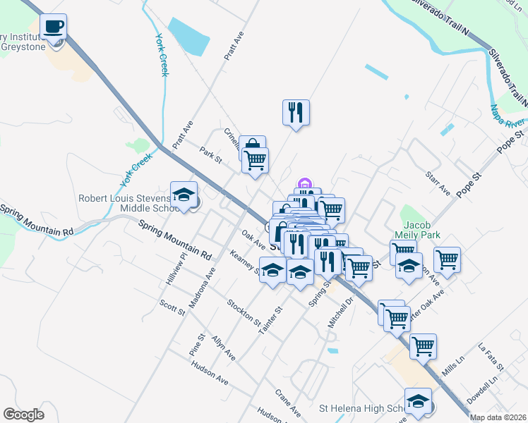 map of restaurants, bars, coffee shops, grocery stores, and more near 1508 Main Street in St. Helena