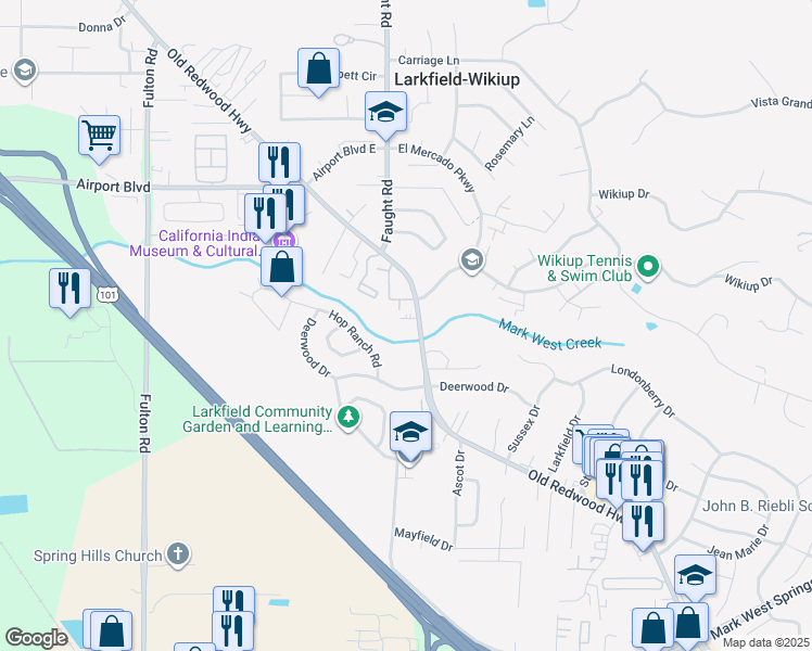 map of restaurants, bars, coffee shops, grocery stores, and more near 5105 Old Redwood Highway in Santa Rosa