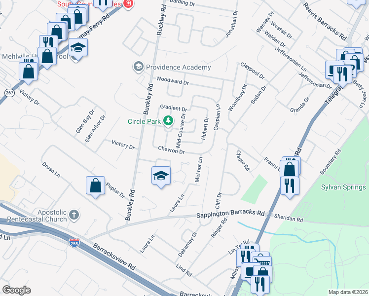 map of restaurants, bars, coffee shops, grocery stores, and more near 730 Chevron Drive in St. Louis