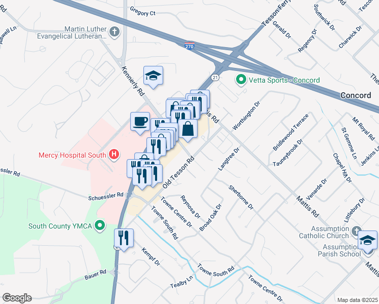 map of restaurants, bars, coffee shops, grocery stores, and more near 9900 Kennerly Road in St. Louis