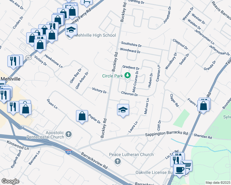 map of restaurants, bars, coffee shops, grocery stores, and more near 2969 Chevron Drive in St. Louis