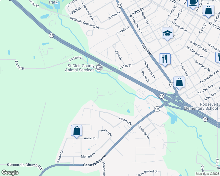 map of restaurants, bars, coffee shops, grocery stores, and more near 1367 Radden Court in Belleville