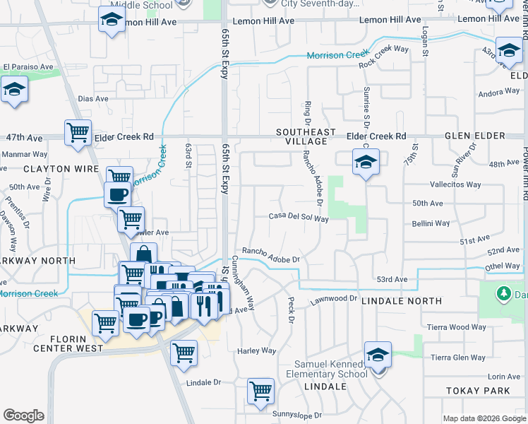 map of restaurants, bars, coffee shops, grocery stores, and more near 2 Rancho Verde Court in Sacramento