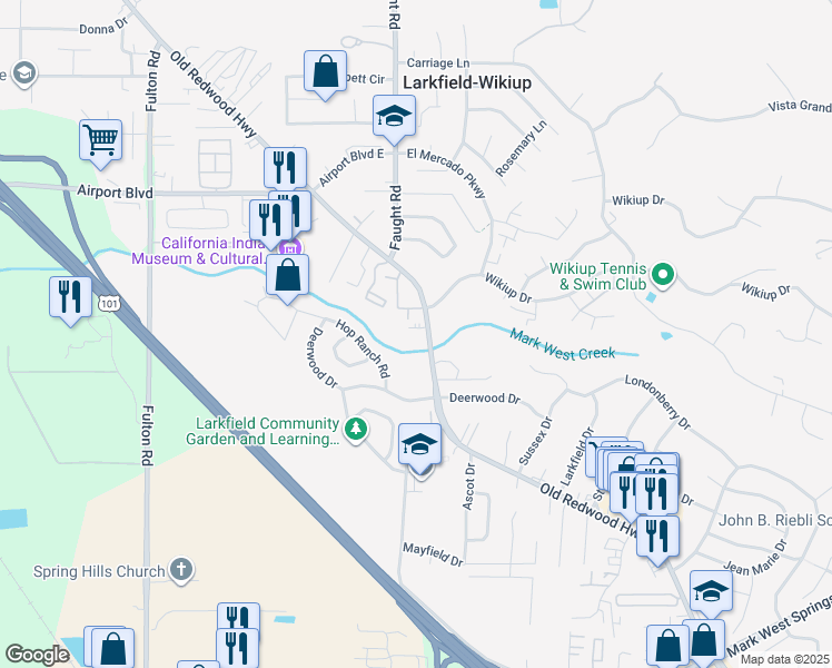 map of restaurants, bars, coffee shops, grocery stores, and more near 5105 Old Redwood Highway in Santa Rosa