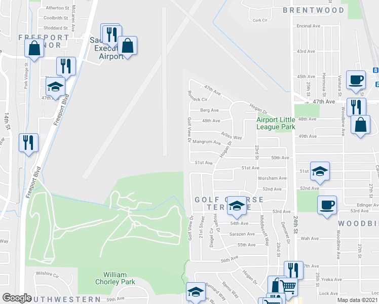map of restaurants, bars, coffee shops, grocery stores, and more near 50th Ave & Golf View Dr in Sacramento