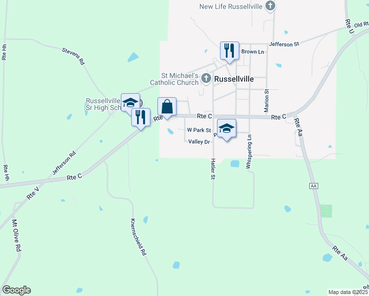 map of restaurants, bars, coffee shops, grocery stores, and more near 13327 Valley Drive in Russellville