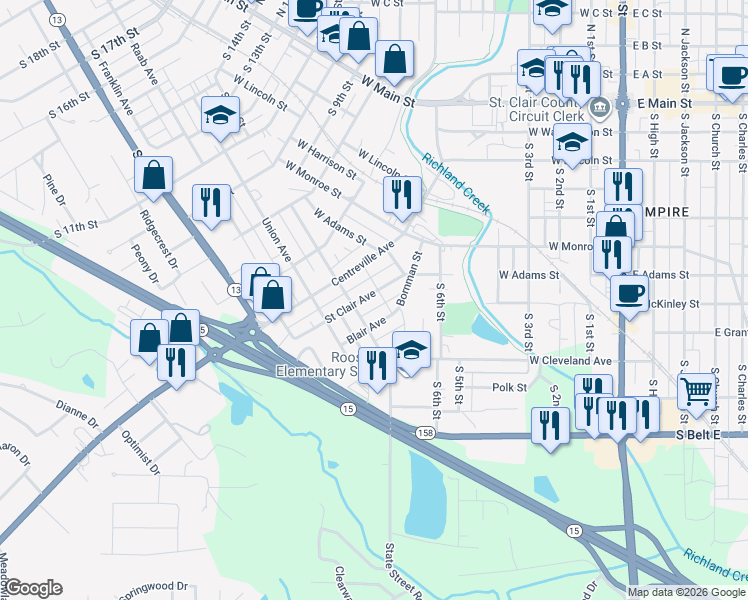 map of restaurants, bars, coffee shops, grocery stores, and more near 720 Saint Clair Avenue in Belleville