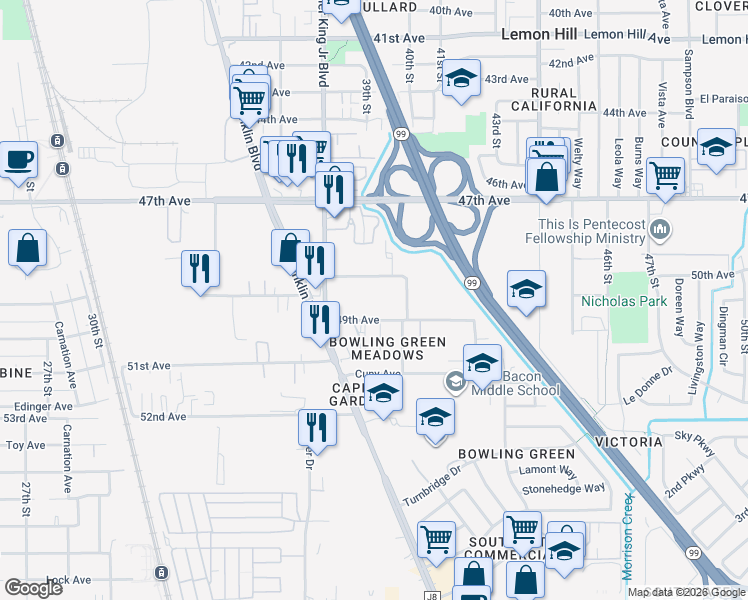 map of restaurants, bars, coffee shops, grocery stores, and more near 3903 49th Avenue in Sacramento