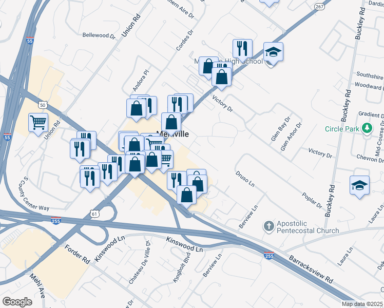 map of restaurants, bars, coffee shops, grocery stores, and more near 3480 Evergreen Lane in St. Louis