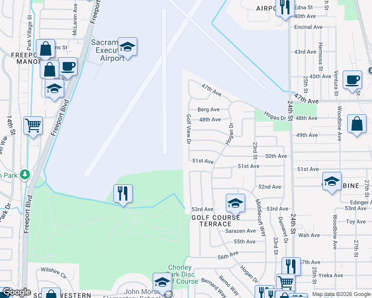 map of restaurants, bars, coffee shops, grocery stores, and more near 6620 Golf View Drive in Sacramento
