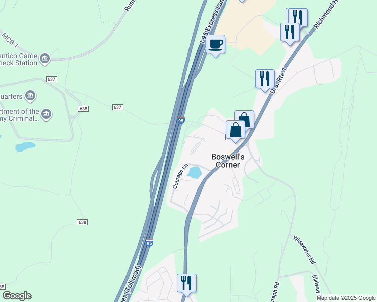 map of restaurants, bars, coffee shops, grocery stores, and more near 210 Hillside Court in Stafford