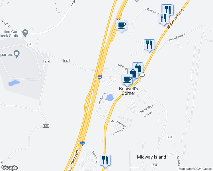 map of restaurants, bars, coffee shops, grocery stores, and more near 210 Hillside Court in Stafford