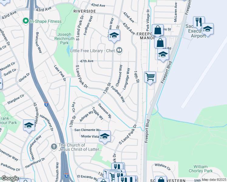 map of restaurants, bars, coffee shops, grocery stores, and more near 6615 South Land Park Drive in Sacramento