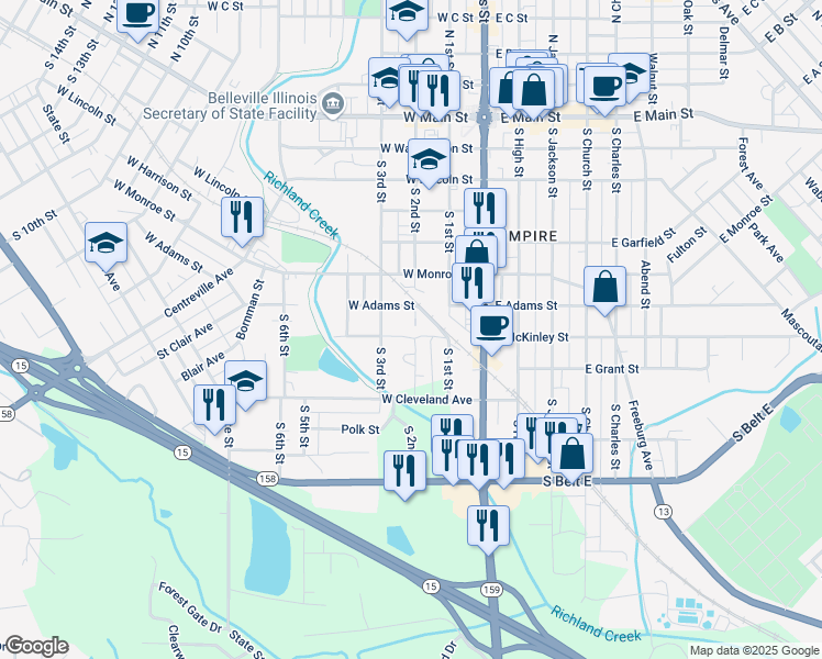 map of restaurants, bars, coffee shops, grocery stores, and more near 800 South 2nd Street in Belleville
