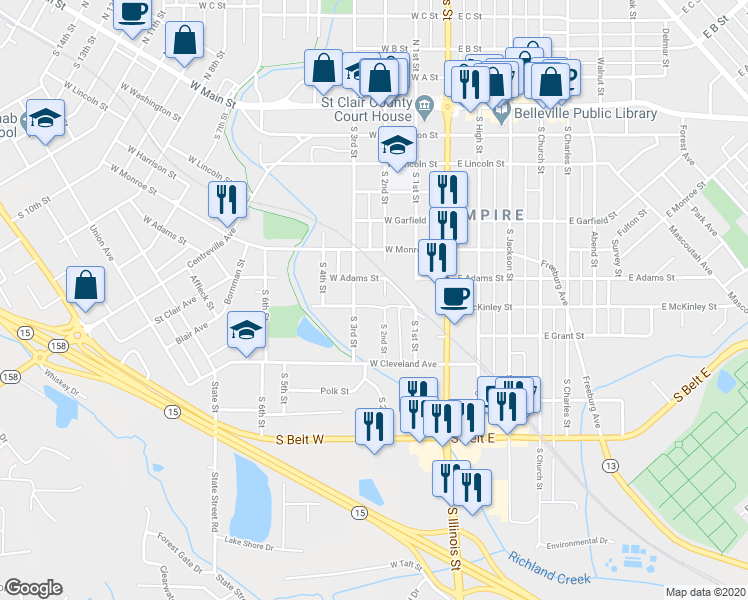 map of restaurants, bars, coffee shops, grocery stores, and more near 700 South 3rd Street in Belleville