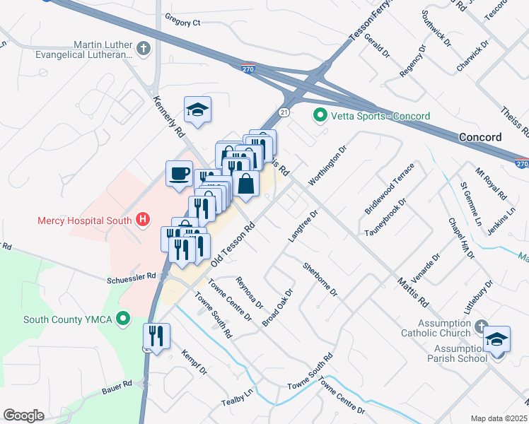 map of restaurants, bars, coffee shops, grocery stores, and more near 12559 Old Tesson Road in St. Louis