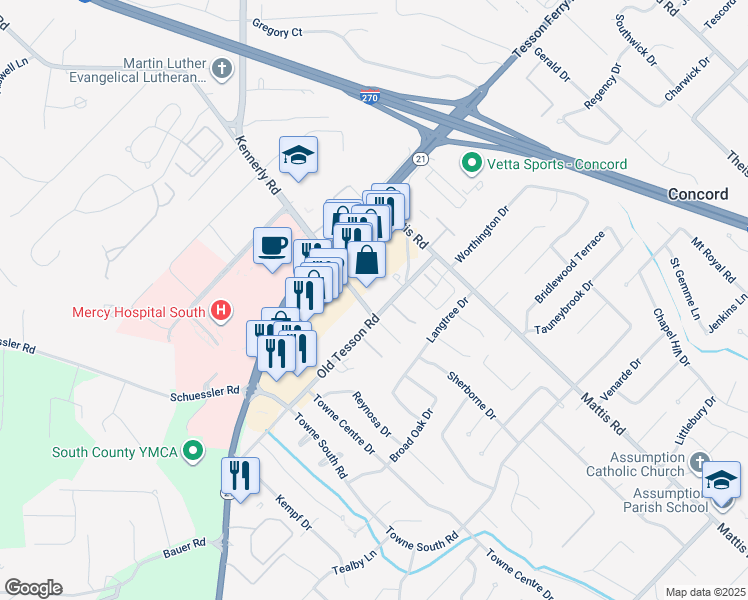 map of restaurants, bars, coffee shops, grocery stores, and more near 9900 Kennerly Road in St. Louis